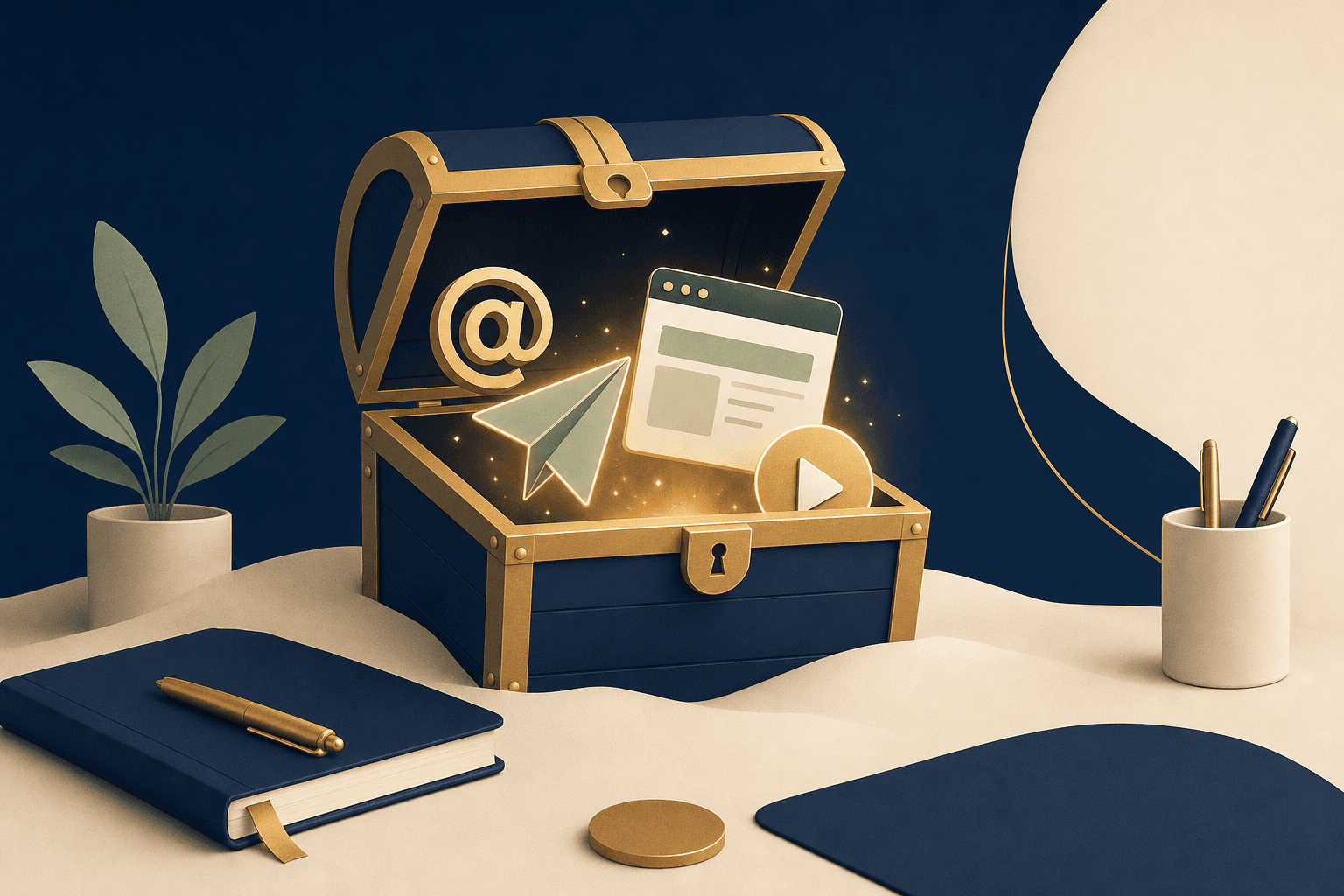 An open treasure chest glowing with a paper plane, a web page and an email symbol, beside a plant and a pen pot