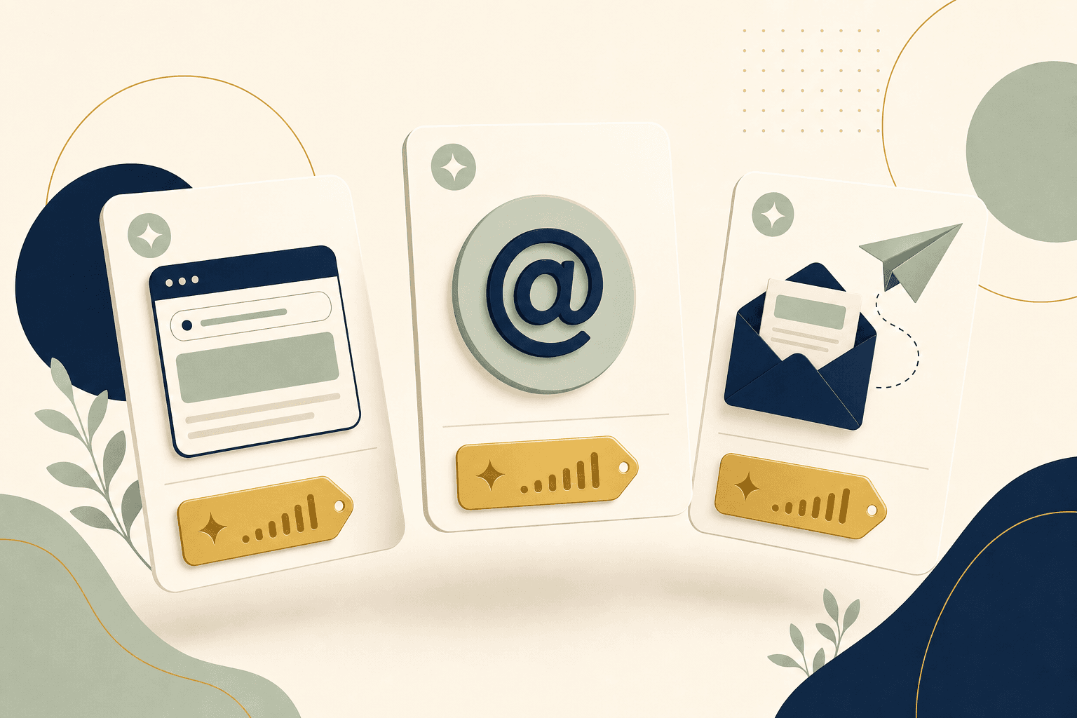 Three cards showing a web page, a domain at-sign and an email, each with a gold price tag